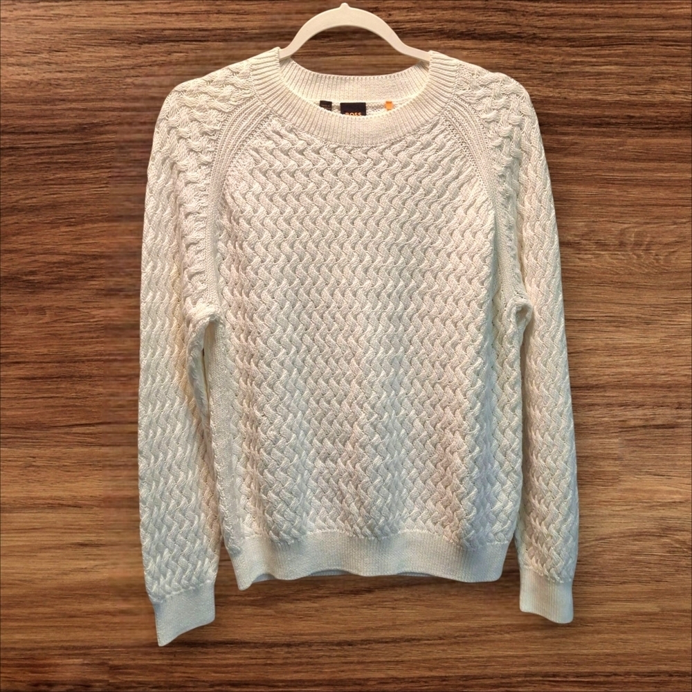BOSS by Hugo Boss White Pullover Knitted Cable Cotton Sweater Women Size Large